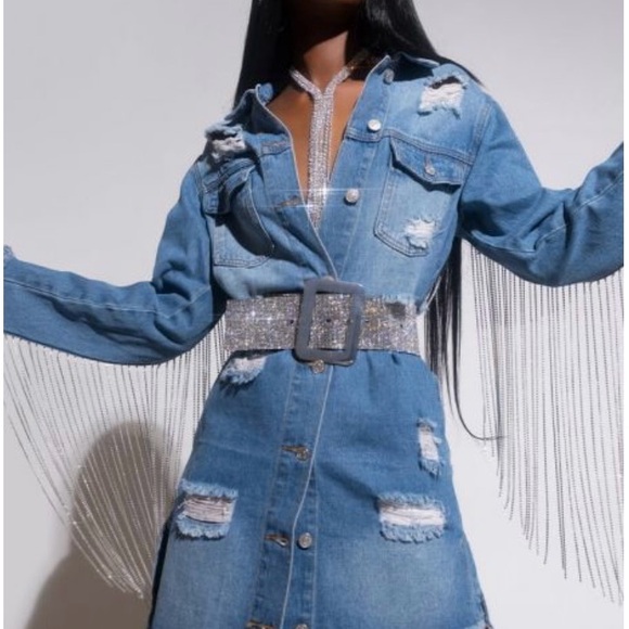 Rhinestone Long Denim Jacket. - Picture 2 of 4